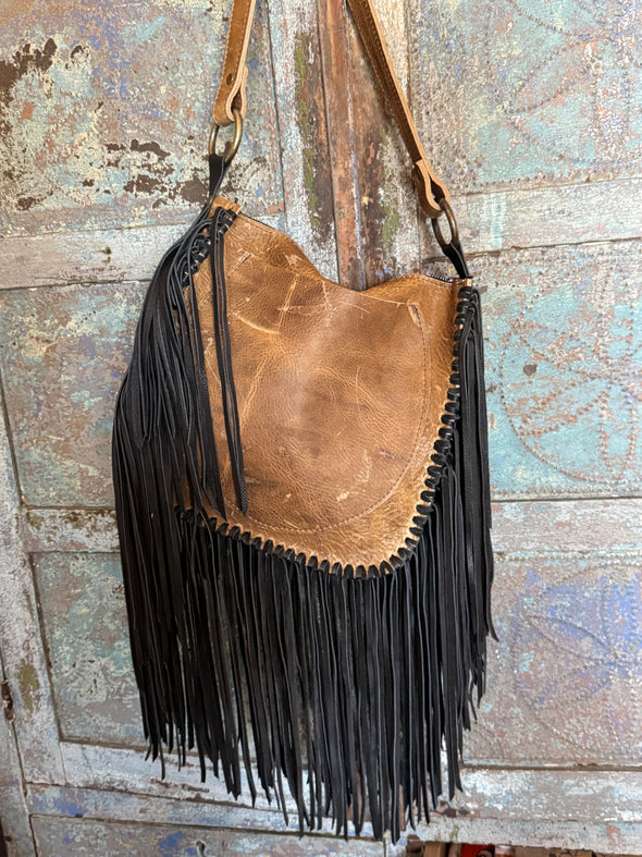Twin moons fringe bag with heavy solid silver moon charm