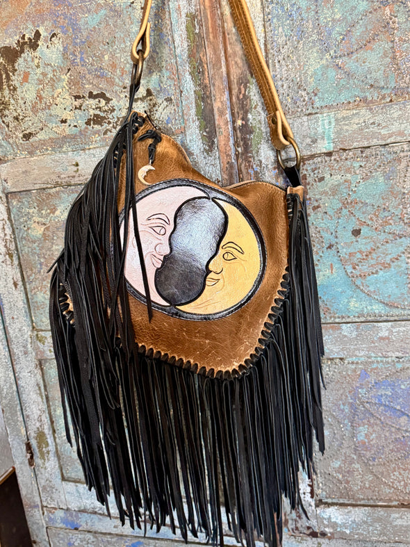 Twin moons fringe bag with heavy solid silver moon charm