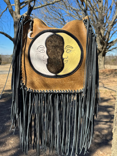 Twin moons fringe bag with heavy solid silver moon charm