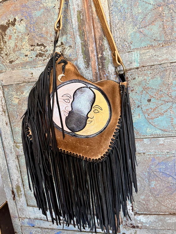 Twin moons fringe bag with heavy solid silver moon charm