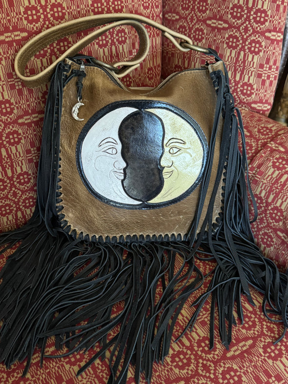 Twin moons fringe bag with heavy solid silver moon charm