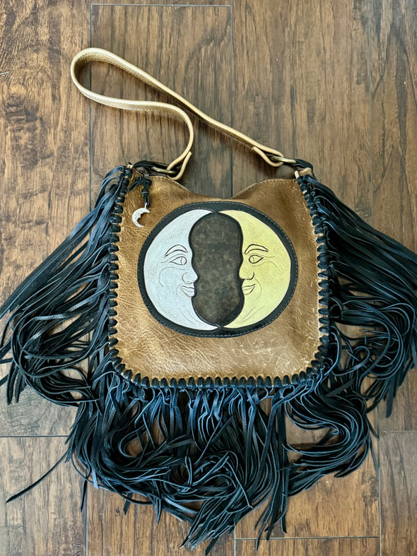 Twin moons fringe bag with heavy solid silver moon charm